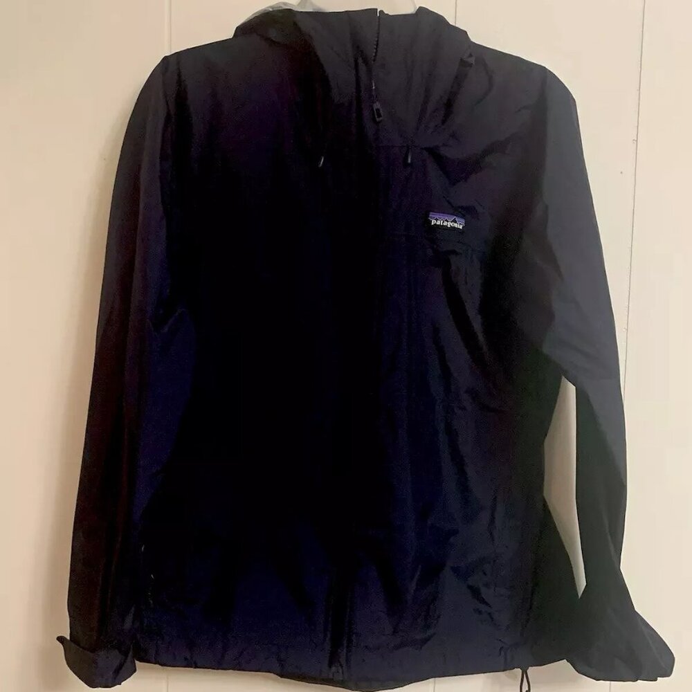 Patagonia Womens Jacket Full Zip Hooded Windbreaker Dark Blue Pockets Hood SM